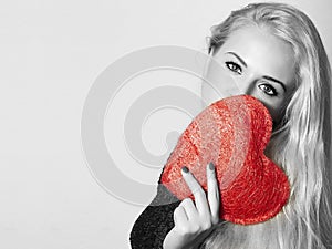 Beautiful Blond Woman with Red Heart