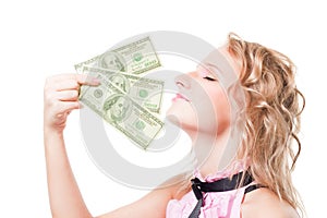 Beautiful blond woman smell money