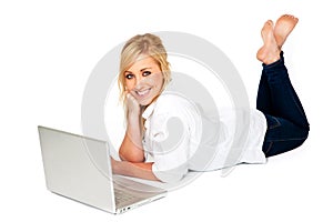 Beautiful Blond Woman typing on Laptop