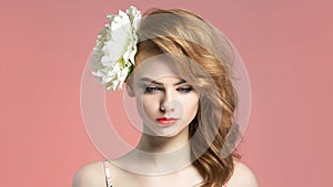 Beautiful blond young woman with flower in hair