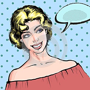 Beautiful blond young woman smiling , pop art retro comic style vector illustration of a gil with speech bubble on a dot