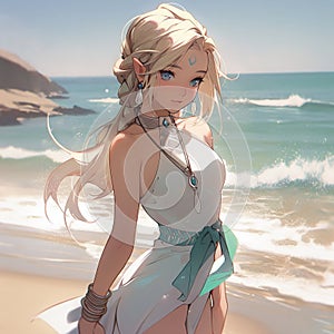 beautiful blonde anime girl on the beach in green dress generative AI