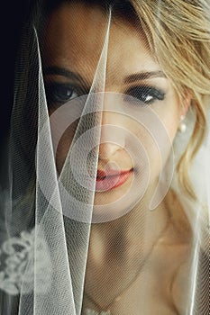 Beautiful blonde bride in make-up and veil in a white dress close-up