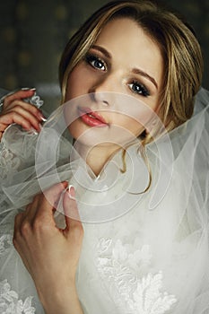 Beautiful blonde bride in make-up and veil in a white dress close-up