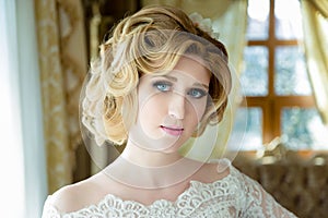 Beautiful blonde Bride portrait wedding makeup and hairstyle