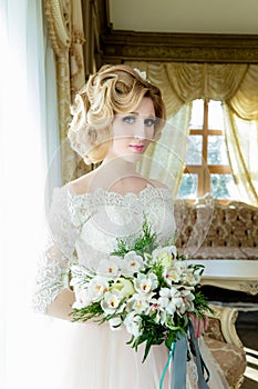 Beautiful blonde Bride portrait wedding makeup and hairstyle