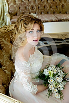Beautiful blonde Bride portrait wedding makeup and hairstyle