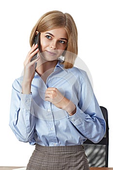 beautiful blonde business woman having phone conversation