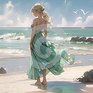 A beautiful blonde girl on the beach in green dress generative AI