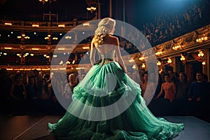 Beautiful blonde girl in a long green dress on the background of the interior of the theater, Beautiful girl in a green evening