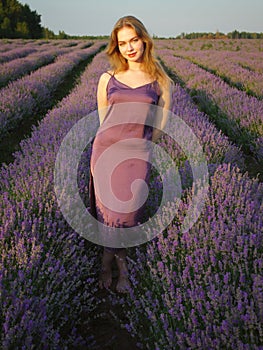 beautiful blonde girl with long hair on a lavender field in the evening