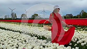 Beautiful blonde girl in red dress and white straw hat with wicker basket on colorful tulip fields.