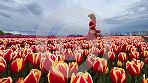 Beautiful blonde girl in red dress and white straw hat with wicker basket on colorful tulip fields.