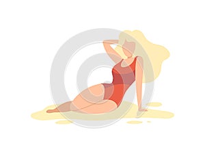 Beautiful Blonde Girl in Red Swimsuit Relaxing on Beach Vector Illustration