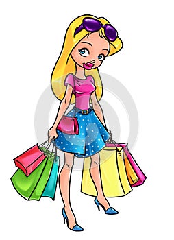 Beautiful blonde girl shopping bags cartoon illustration