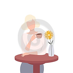 Beautiful Blonde Girl Sitting at Table and Drinking Coffee or Tea, Young Woman Character Holding Tea Cup Flat Vector