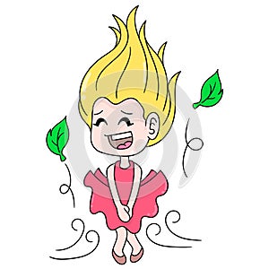 Beautiful blonde girl wearing a skirt blown by the wind, doodle icon image kawaii