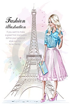 Beautiful blonde hair girl with hand bag. Fashion woman with eiffel tower on background. Hand drawn young woman in fashion clothes