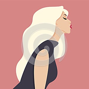 Beautiful blonde haired woman sending an air kiss, profile view for portrait and avatar, vector illustration, flat design