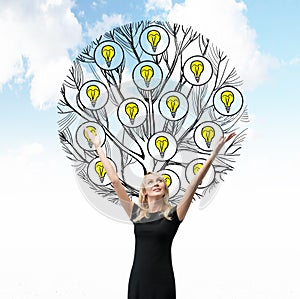 A beautiful blonde holds her hands up. A sketch of a tree with light bulbs is drawn behind the person. Cloudy sky background. Ligh