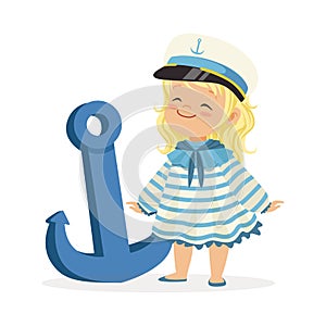 Beautiful blonde little girl character wearing a sailors costume standing next to a blue anchor colorful vector