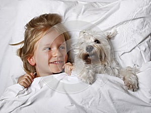 Beautiful blonde little girl laughing and lying with white schnauzer puppy dog on white bed. Friendship concept.