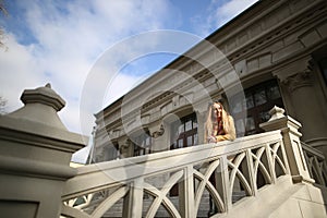 Beautiful blonde smiles. optimism cold spring