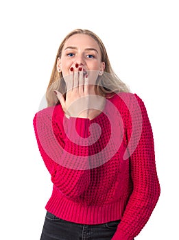 Beautiful blonde smiling girl in red blouse expresses amazement