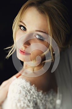 Beautiful blonde wedding bride in make-up and veil in a white dr