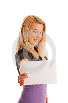 Beautiful blonde woman with blank banner for commercials isolate
