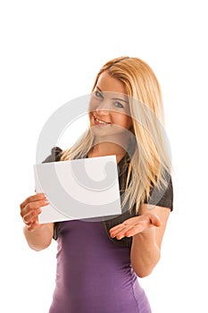 Beautiful blonde woman with blank banner for commercials isolate