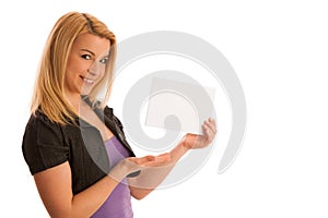 Beautiful blonde woman with blank banner for commercials isolate