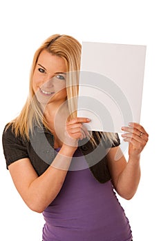 Beautiful blonde woman with blank banner for commercials isolate