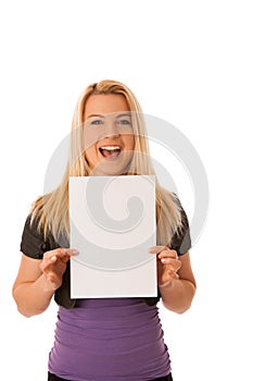 Beautiful blonde woman with blank banner for commercials isolate