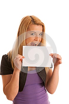 Beautiful blonde woman with blank banner for commercials isolate