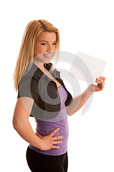 Beautiful blonde woman with blank banner for commercials isolate