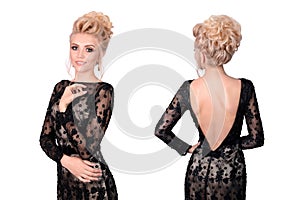 Beautiful blonde woman in elegant black low cut evening dress with updo hairstyle. Front and back view isolated on white