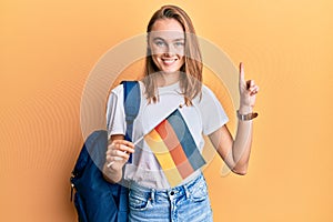 Beautiful blonde woman exchange student holding germany flag smiling with an idea or question pointing finger with happy face,