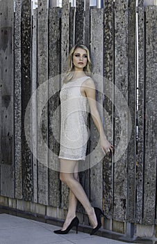 Beautiful blonde woman leaning against wooden fence
