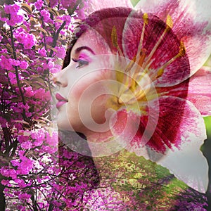 Beautiful blonde woman with pink make-up with flowers. Double exposure