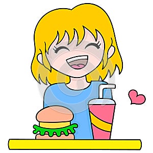 Beautiful blonde woman is ready to eat burger junk food, doodle icon image kawaii