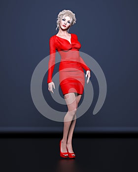 Beautiful blonde woman in red short mini dress