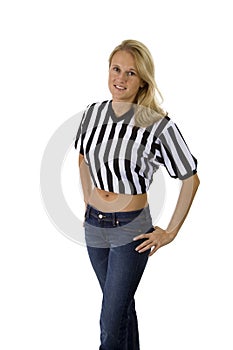 Beautiful Blonde Woman In A Referee Shirt