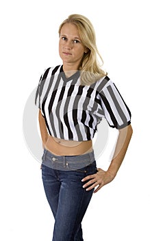 Beautiful Blonde Woman In A Referee Shirt