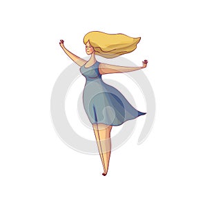 Beautiful blonde woman standing with arms wide open, blue dress and hair blowing in the wind. Hand drawn vector design