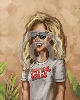 Beautiful blonde woman wearing sunglasses and a summer vibes t-shirt - digital illustration