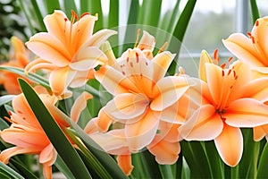 Orange amarylis lily flowers with green leaves in a greenhouse. Beautiful decorative flowers