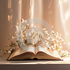 Beautiful blooming bouquet behind the book. AI generated illustration