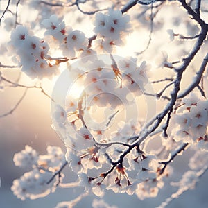 Beautiful blooming branch of white cherry tree in the snow at sunrise, winter morning view, generative ai