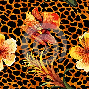 Beautiful blooming flower on animal skin. Leopard seamless pattern vector print